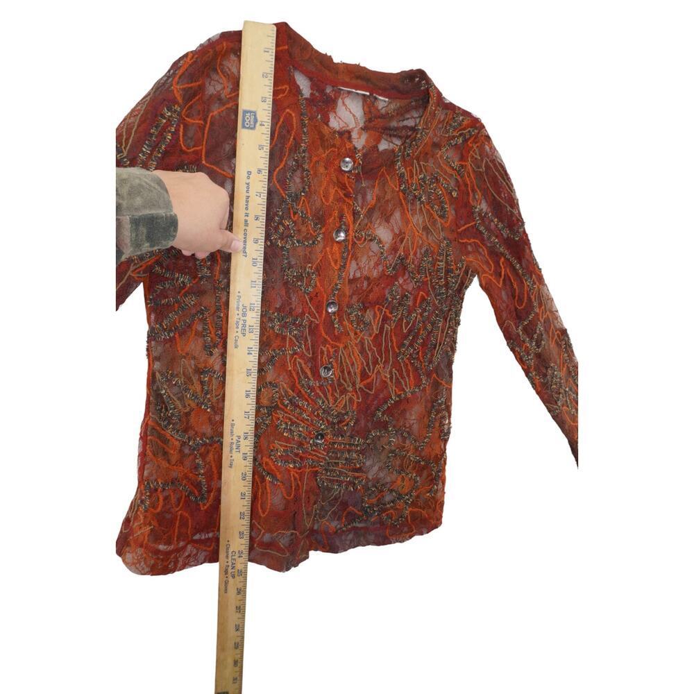 Vintage Sheer Burnt Orange Embroidered Lace Mesh Button-Up Top Boho Whimsy Goth - Picture 10 of 14